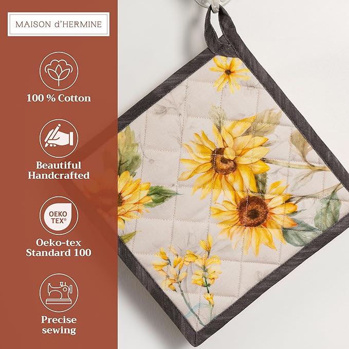 Maison d' Hermine Pot Holders 100% Cotton Heat Resistant Potholders 8" x 8" Hot Pads with Loop BBQ Cooking Baking Gifts for Mothers Day Handling Hot Pans Spring/Summer (Pack of 2, Candice)