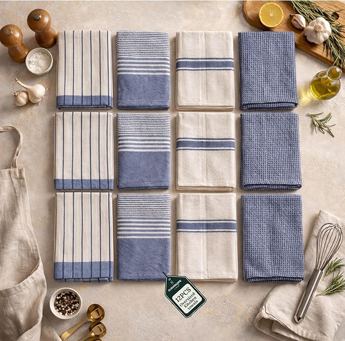CLOUDSCAPE Kitchen Towels 12 Set 18”x28” Cotton Blended Hand Towels with Hanging Loop - Quick-Drying Dish Towels for Kitchen Essentials, Highly Absorbent, Dish Cloths Set for Washing Dishes - Indigo