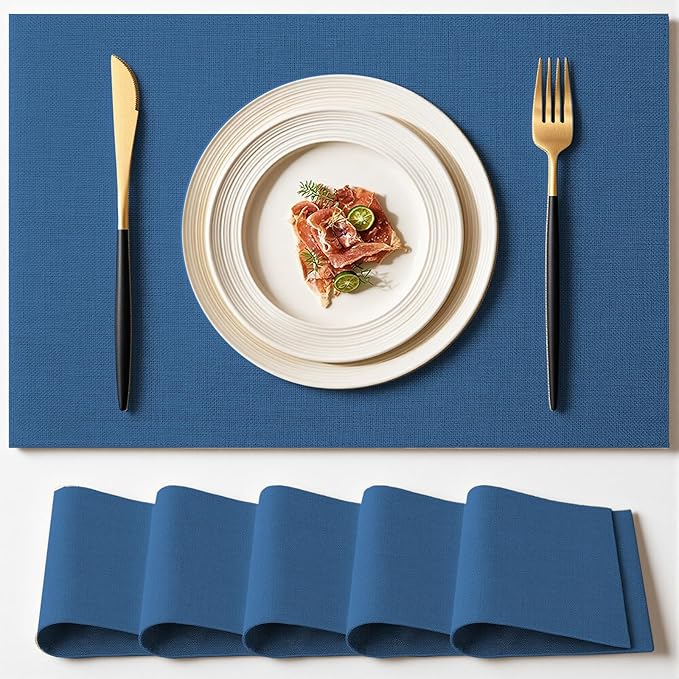Placemats Set of 6 Linen Type Fabric Cloth Placemats, 18x12 Inch Double Layered Thick Wrinkle Free Heat Resistant Table Place, for Dining, Kitchen, Party (45 * 30cm, Dark Blue)