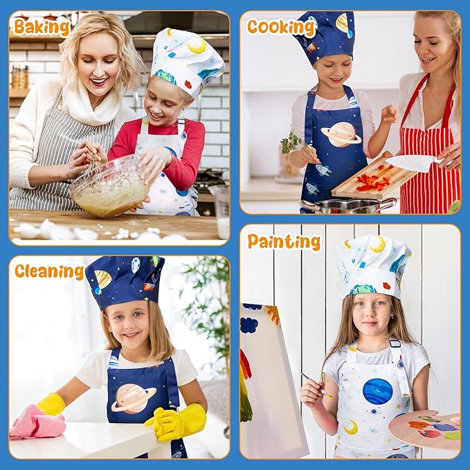GROBRO7 4Pcs Kids Apron and Chef Hat Set Gift for Girls Boy, Space Theme Pattern Adjustable Kitchen Toddler Aprons with 2 Pockets Waterproof Chef Hats for Baking Cooking Painting Gardening Crafting