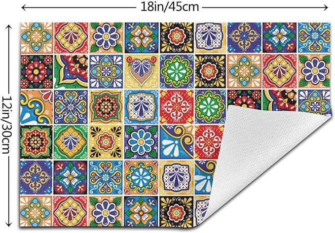 Mexican Talavera Tile Linen Placemats Set of 4, Colorful Place Mats for Dining Table, Heat-Resistant Washable Non-Slip Table Mats, Spring Easter Gifts for Festival Culture Lovers, Kitchen Home Decor