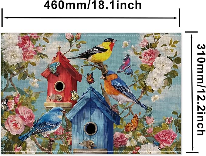 HOMETITUTE Birdhouse Art Linen Placemats Set of 4 12x18 inch Spring Table Mats for Dining Table Farmhouse Decorations Kitchen Decor Desk Mat for Outdoor Home Party Kitchen Seasonal Dining Decor