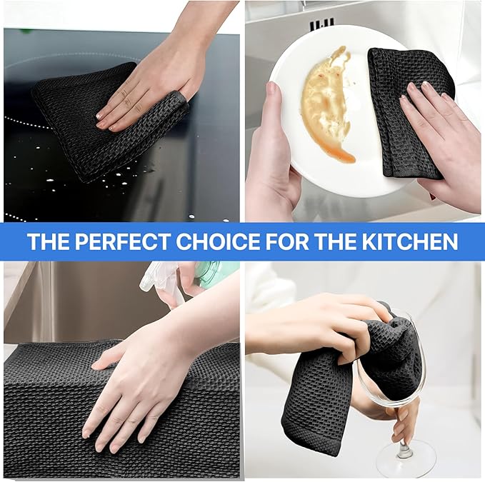 100% Cotton Waffle Weave Kitchen Towels, 6 Pack Dish Cloths for Washing Dishes, Ultra Soft Absorbent Dish Towels, Quick Drying Kitchen Rags, 12x12 Inches, Black