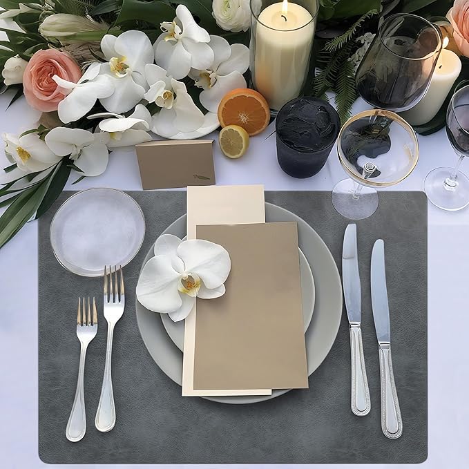 Roxifina Faux Leather Placemats Set of 6 - Vinyl Placemats Wipeable Waterproof Oil-Proof PU Place Mats Heat Resistant Reversible Table Mats for Dining, Kitchen, Outdoor, 12 x 17 Inch (Gray)