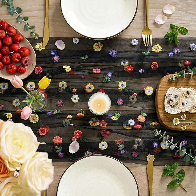 Artoid Mode Black Embroidery Daisy Gauze Table Runner 120 Inch 10FT, Seasonal Sheer Kitchen Dining Holiday Wedding Birthday Table Decor for Home Party