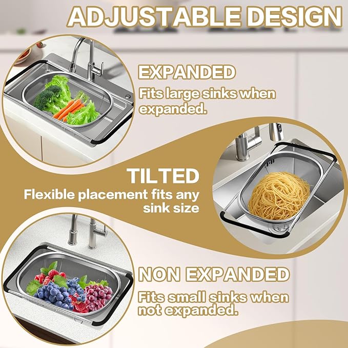 Over the Sink Colander - 6QT Strainers and Colanders - Stainless Steel Strainer - Expandable Sink Colander with Rubber Grip for Strain, Drain, Rinse Fruits, Vegetables, Home Kitchen Essentials