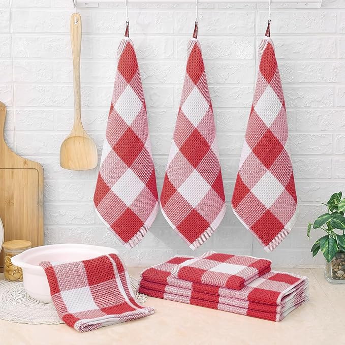 Homaxy Kitchen Towels and Dishcloths Set, 12 x 12 and 13 x 28 Inches, Set of 8 Bulk Cotton Waffle Weave Check Plaid Kitchen Towels, Super Soft and Absorbent Dish Towel, White & Red