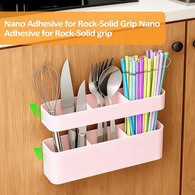 MoodLife 2-Pack Silicone Straw Holder for Cabinet Door,Reusable Adhesive Container for Kitchen Storage Solutions, Cupboard Organizer and Space Saving Hacks (Pink)