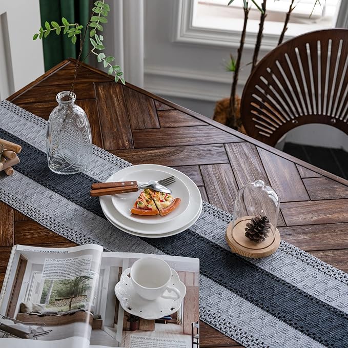 Alynsehom Macrame Table Runner Grey Boho Table Runners with Tassels Hand Woven Cotton Table Runner Rustic Farmhouse Table Runners for Bohemian Kitchen Dining Table(12x36in)