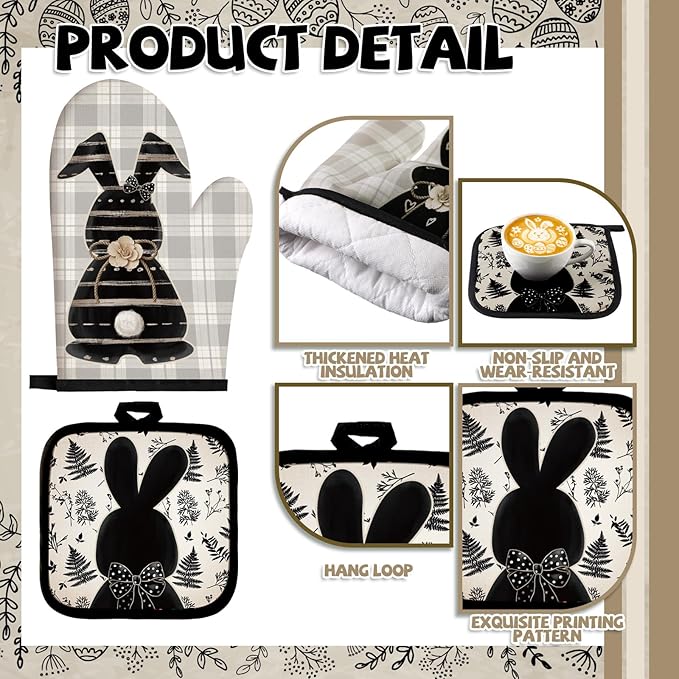 VitalCozy 10 Pcs Easter Kitchen Decor Set Oven Mitts and Pot Holders Rabbit Kitchen Towels Bunny Rugs and Mats for Chef Baking Cooking Grilling BBQ Gift