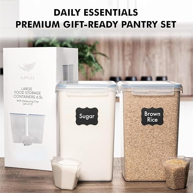 WHITE FEATHER SUPPLIES 2 PC [6.5L / 220 Oz] Large Flour Sugar Storage Containers - Leak Proof, BPA Free, Clear Plastic Food Storage Containers with Lids Airtight - Bulk Storage for Kitchen and Pantry