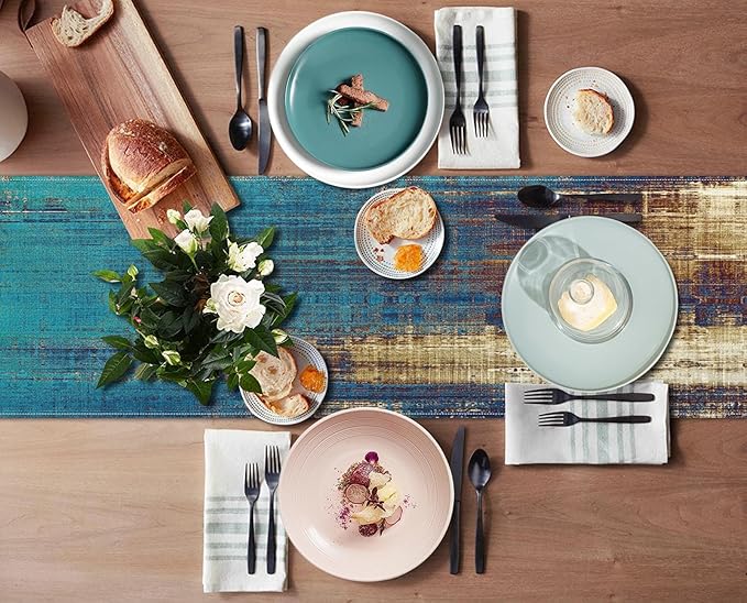 Emvency Vintage Farmhouse Table Runner, Abstract Teal and Gold Weathered Textured for Kitchen Coffee Table Family Dinners Holiday Parties Wedding Events Decor(13x72 inch)