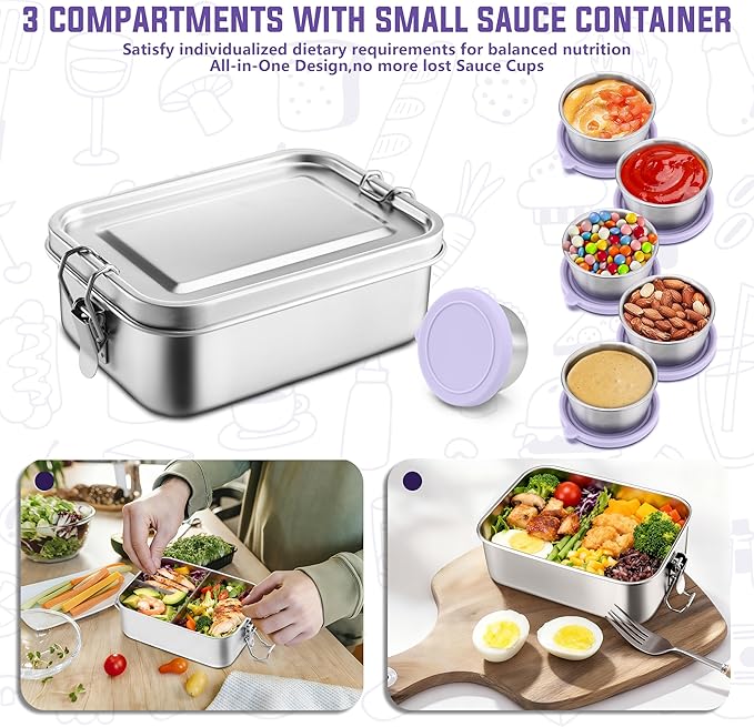HaWare Lunch Box, 29oz (850ML) Stainless Steel Bento Box with Condiment Container and Carrying Bag, 3 Compartment Food Container for Kids and Adults, Leak-Proof Metal Snack Box, Dishwasher Safe