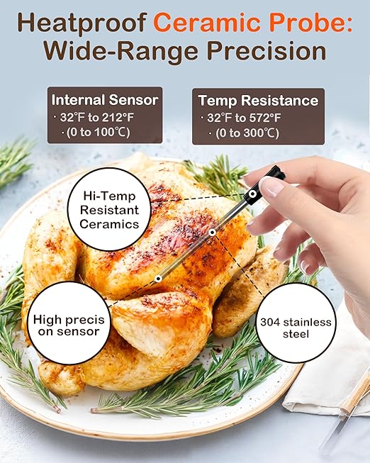 ±0.5°F Accuracy Shows Real-Time Temp Wireless Meat Thermometer: Smart 900ft Bluetooth Keeps Connection Across Wall - Meat Probe Withstands Max 572°F Heat Oven Safe Easy Setup App for BBQ Smoker Grill