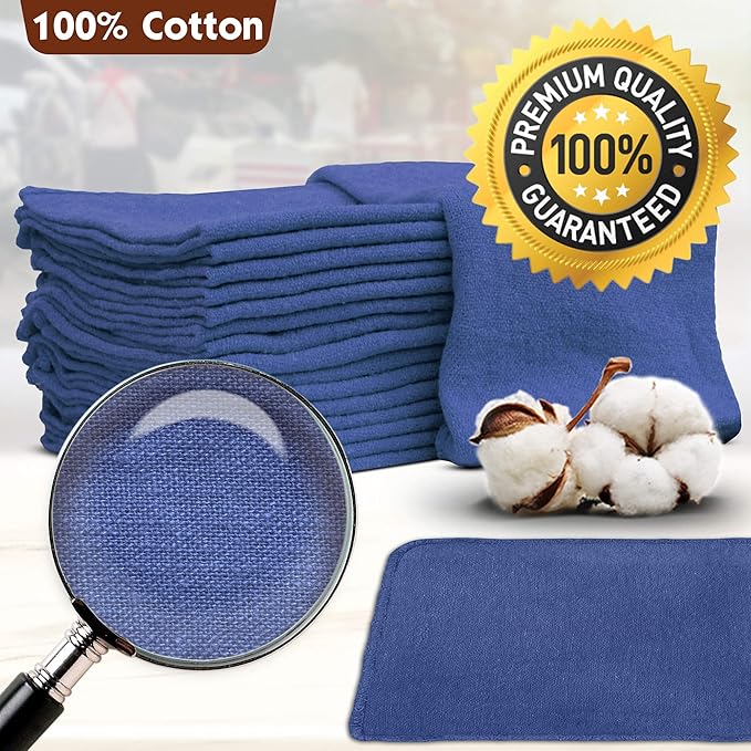 Nabob Wipers Auto Mechanic Shop Towels 100 Pack Bulk Rags 100% Cotton Commercial Grade Shop Rags Size 14"x14" (100 Pack, Blue)