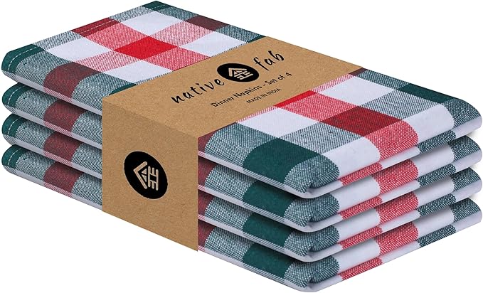 Native Fab Cloth Napkins - Multi Color Check Set of 4, 100% Cotton, 16x16 inch, Soft & Durable, Machine Washable, Reusable Napkins, Holiday Gingham Design for Dining, Party - Red, White, Olive Green