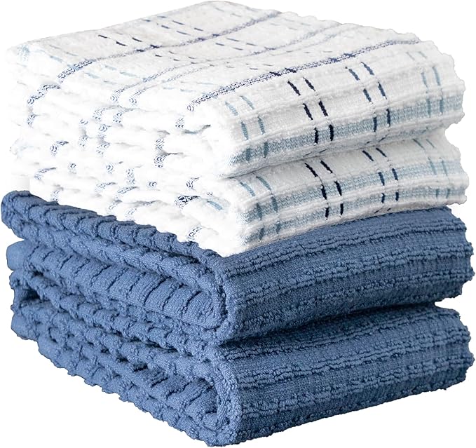 Ritz Royale Collection 100% Combed Terry Cotton, Highly Absorbent, Kitchen Towel Set, 13-3/4" x 12", 4-Pack, Solid & Checked, Federal Blue