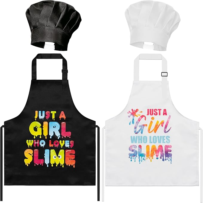 GROBRO7 4Pcs Kids Apron and Chef Hat Set Gift for Girls, Just A Girl Who Loves Slime Print Adjustable Kitchen Cooking Child Aprons Waterproof Smocks for Baking Painting Crafting