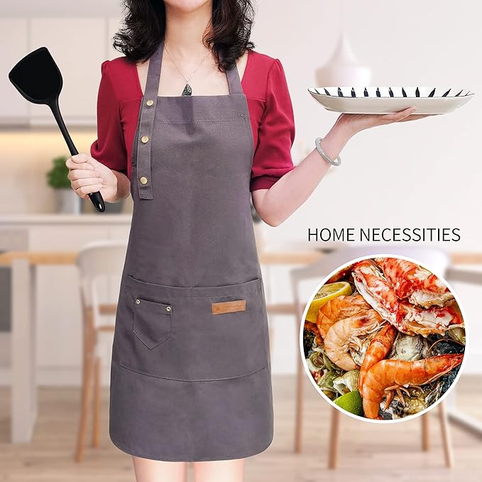 Apron for Men Women with Adjustable Straps and Large Pockets, Canvas Cotton Cooking Kitchen Chef Bib Aprons Waterproof Grey