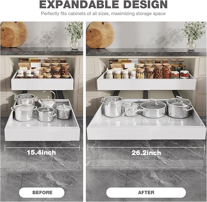 Seinloes 1 Pack Pull Out Cabinet Organizer 21" Deep,Full Extension 3 Slide Rails Slide Out Drawers With Raising Pad for Framed Cabinets,Expandable Width (15.4"-26.2"),No Drill Roll Out Shelves,White