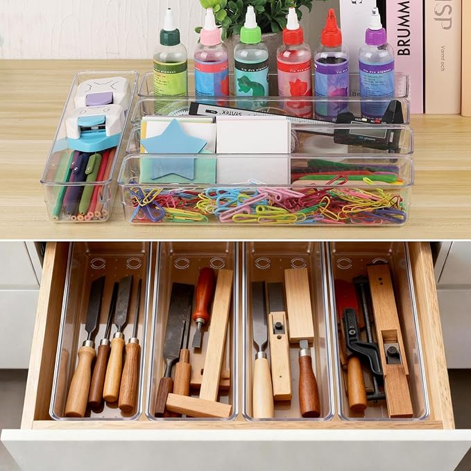 Ohlove 6 Pcs Large Clear Plastic Drawer Organizers Tray 12"x3" Storage Bins with 25 Pcs Non-Slip Pads for Makeup, Jewelries, Kitchen Utensils, Bathroom and Office