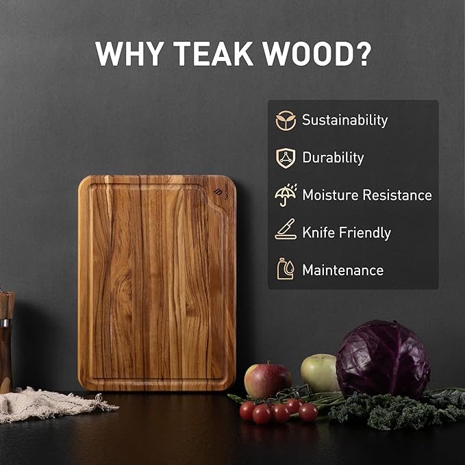 Teak Wood Cutting Board for Kitchen 13inch Charcuterie Board Serving Heavy Duty Non Toxic Slip Over Sink Solid Thick Haus Wooden Chopping Board Large Big Small Meat Best Kitchen Essential Gift