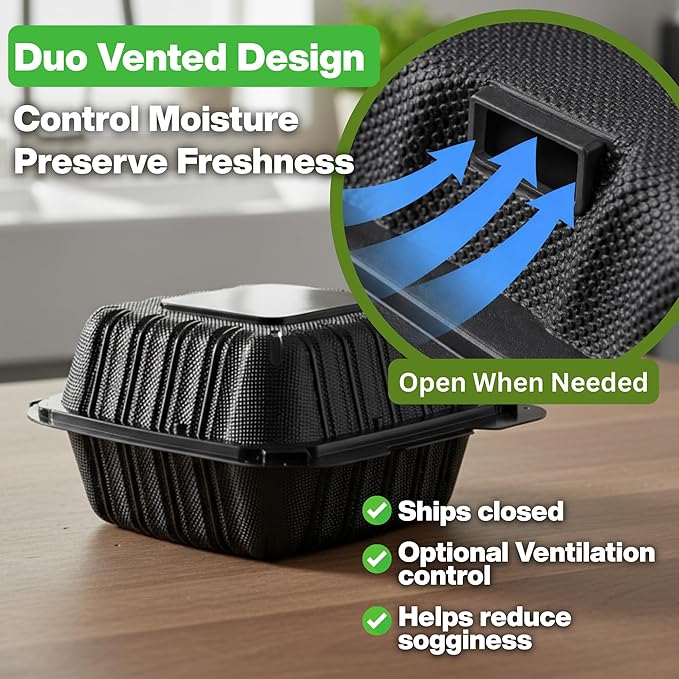 Hinged Take-Out Containers 6″ x 6″ BPA Free, Clamshell To Go Boxes Recyclable, Microwave & Freezer Safe Food Storage Boxes for Restaurants, Catering - Cake Slice Container - Black
