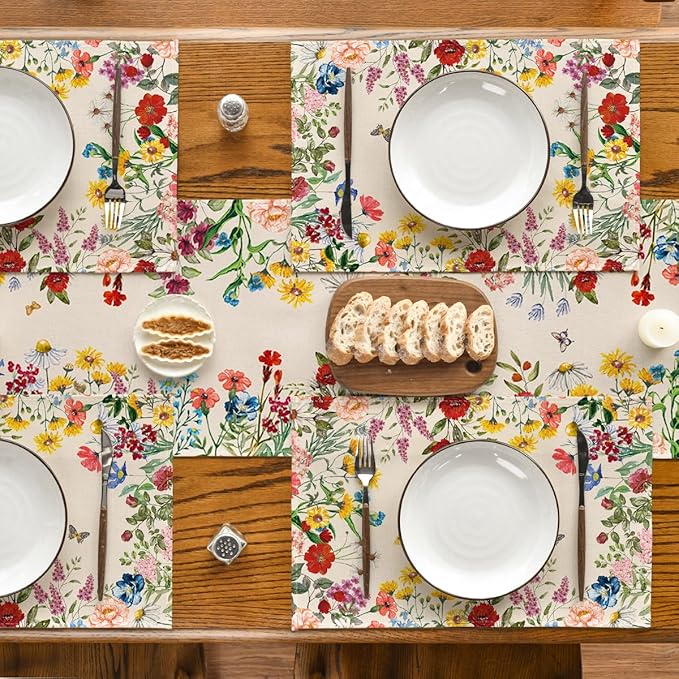 Artoid Mode Vintage Floral Spring Placemats Set of 4, 12x18 Inch Seasonal Holiday Table Mats for Party Kitchen Dining Decoration