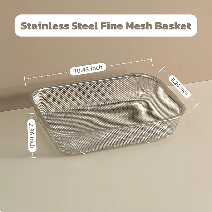 18/8 Stainless Steel Fine Mesh Strainer Basket with Feet, Rectangular Colander for Vegetables, Fruits, Pasta, Noodles – Rustproof, Durable & Easy to Clean (9.84 inch)
