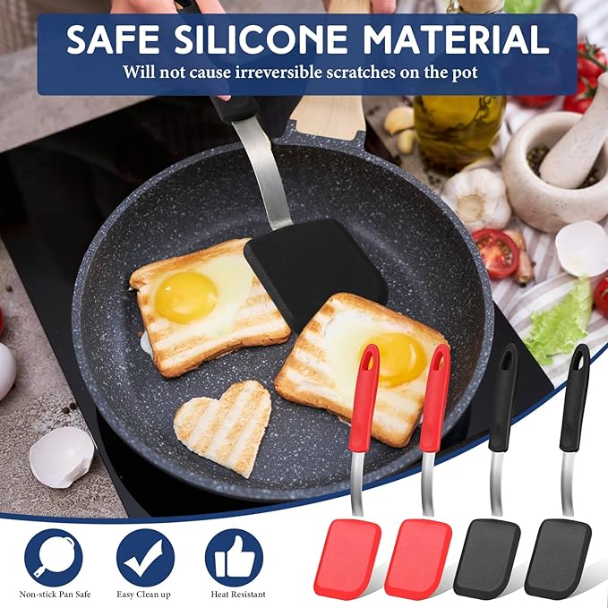 Gejoy 4 Pcs Silicone Cookie Spatula Turner Mini Brownie Spatula Flexible Silicone Spatulas Nonstick Cookware Heat Resistant No Scratch Flipper Baking Utensils for Egg Pancake(Red, Black)