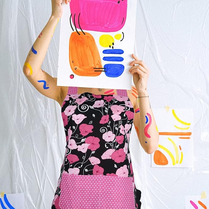 G2PLUS Cotton Kitchen Apron with Pocket, Adjustable Cooking and Baking Apron for Women, Floral Chef Apron for BBQ, Housewarming Gift, Farmhouse Kitchen Decor (Pink + Black)