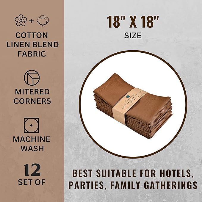 FINGERCRAFT Dinner Cloth Napkin Cotton Linen Blend 12 Pack Natural Premium Quality Mitred Corner for Every Day Use Pre Shrunk and Good Absorbency 18x18 in Easter Color Brown