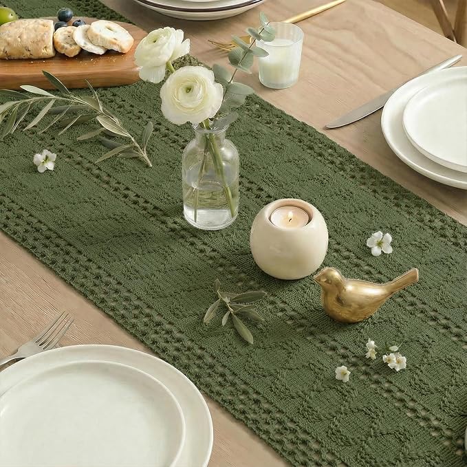 Artoid Mode Army Green Farmhouse Woven Rustic Hollow Table Runner, Seasonal Holiday Hollow Kitchen Dining Table Decoration for Home Party Decor 12x72 Inch