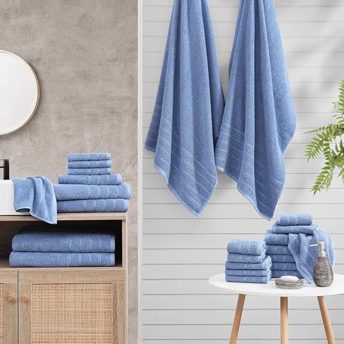 Casa Platino 100% Cotton Bathroom Towels Set – 24 Pc Family Pack – Soft & Absorbent, Ring Spun, Quick Dry Towels, 2 Bath Sheets, 2 Gym, 2 Bath, 4 Fingertip, 6 Hand, 8 Washcloths – Cerulean Blue