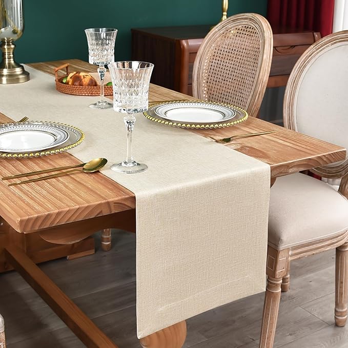 NEWISHER Farmhouse Rustic Table Runner Solid Beige Rectangular Table Runners Faux Linen Table Runner for Everyday Use Kitchen Dining Party Table 13x60 Inch
