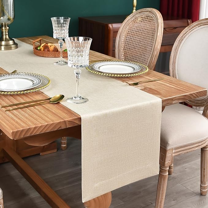 NEWISHER Farmhouse Rustic Table Runner Solid Beige Rectangular Table Runners Faux Linen Table Runner for Everyday Use Kitchen Dining Party Table 13x48 Inch