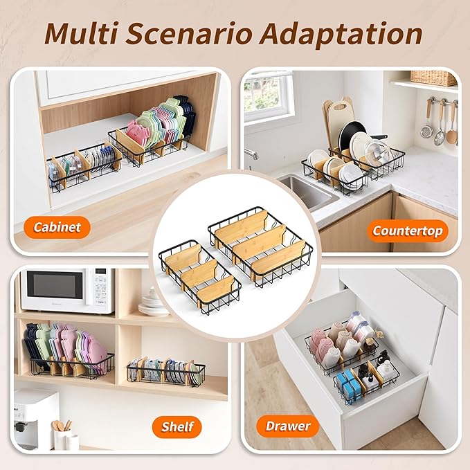 2-Pack Adjustable Lid Organizers - Large Kitchen Cabinet Organizer for Food Storage Container and Tumbler Cup Lids with 6 Bamboo Dividers - Organizers in Kitchen/Pantry/Laundry Room
