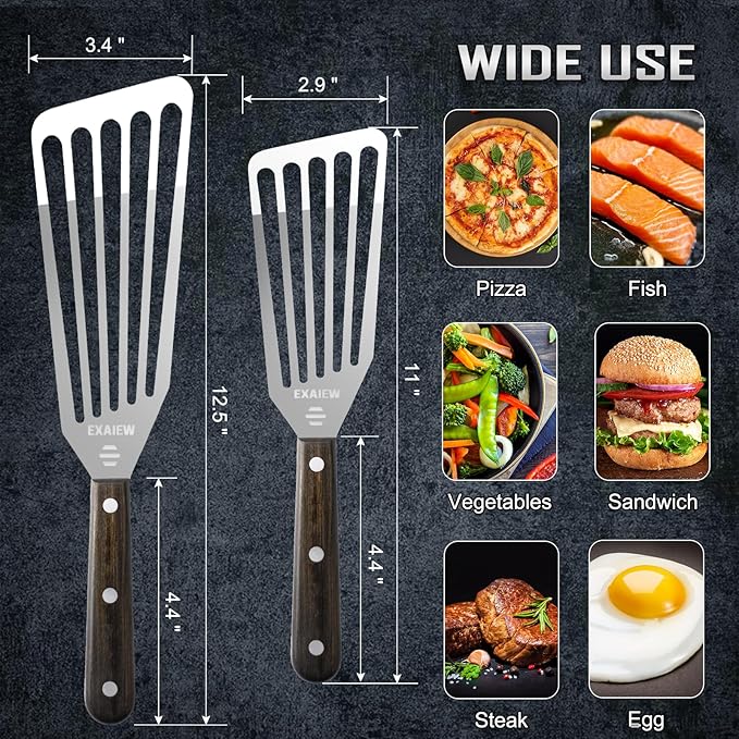 2 Pack Fish Spatula Stainless Steel, Flexible Fish Turner Spatula Perfect for Flipping Eggs, Burgers and Baking, Durable Lightweight Metal Kitchen Slotted Turner for Cooking & BBQ, Perfect gifts