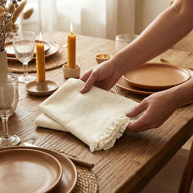 ACCENTHOME Ivory Cotton Linen Napkin Set of 12 18x18 inch Dinner Napkins - Washable Soft Premium Hotel Quality Reusable Hemmed Edges Napkins Perfect Table Linens for Family Dinners, Weddings