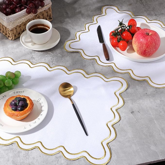 HunnmingRe Set of 6 Cotton Linen Placemats, 13x19 Inch Scalloped Wavy Embroidery Placemat Double Layered Washable Rustic Rectangle Dinner Table Mats for Wedding Home Decor(White with Gold)