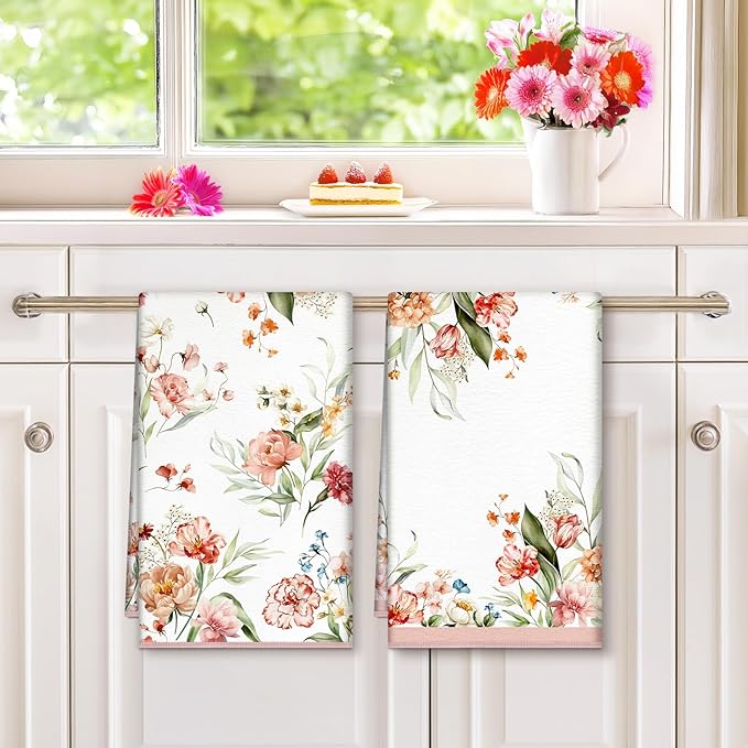 Watercolor Flowers Microfiber Kitchen Towels, Soft Absorbent Pink Floral Hand Towel 15.7 × 23.6 Inch, Thick Dish Cloth for Party Anniversary Holiday Decoration, Housewarming Gifts for Mom
