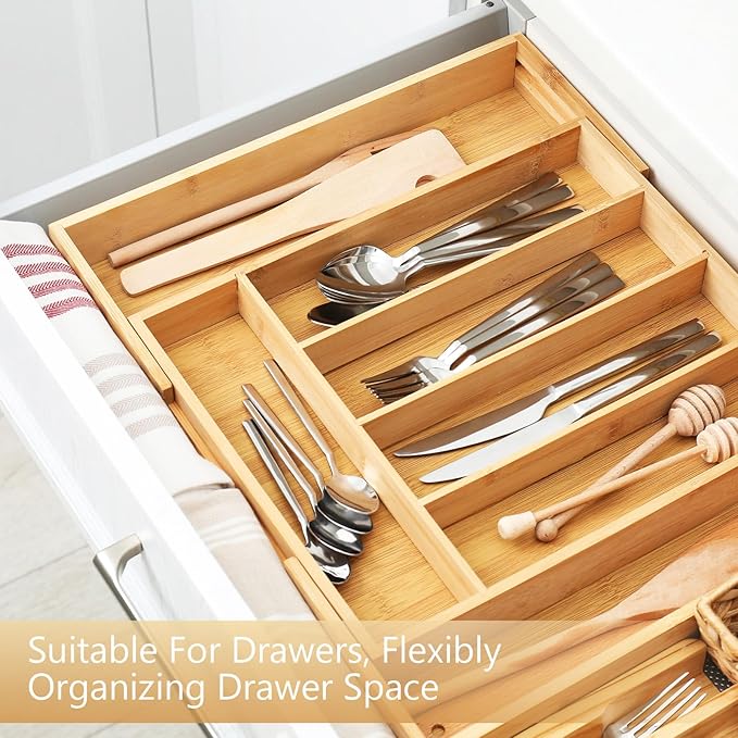 Hushee 2 Pcs Bamboo Drawer Organizer with 3 Removable Dividers 17.5 x 4 x 2.5 Inch Bamboo 4 Compartment Organizer Tray for Bathroom Kitchen Tableware Office Supplies Cosmetics Classification