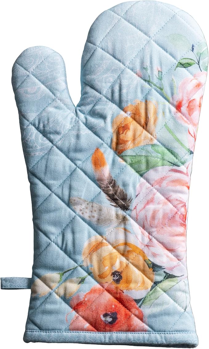 Maison d'Hermine Oven Gloves 100% Cotton Oven Mitt 7" x 13" with Loop Heat Resistant BBQ Cooking Gloves Baking Grilling Gifts for Mothers Day Spring/Summer (Pack of 1, Ibiza - Blue)