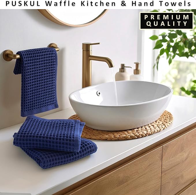 PÜSKÜL Natural 100% Turkish Cotton Waffle Kitchen Towels Set of 3 | Oeko-Tex, Premium Waffle Hand Towels for Bathroom | Soft Absorbent Quick-Dry Lint-Free Dish Towel Large 32x16 inch (3, Navy Blue)