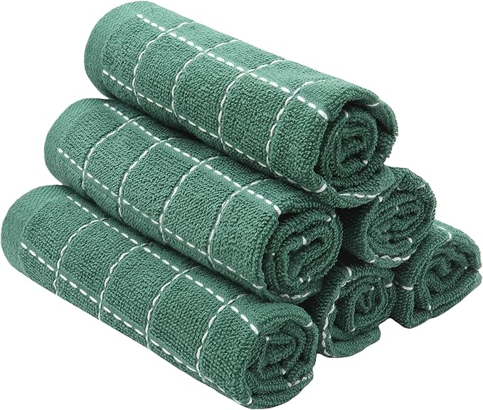 Natural Cotton Dish Cloths Waffle Weave Kitchen Towels,Ultra Absorbent Quick Drying Dish Towels, Soft Comfort Cleaning Cloth Washcloths, Set of 6 (Dark Green, 12 x 12 Inches)
