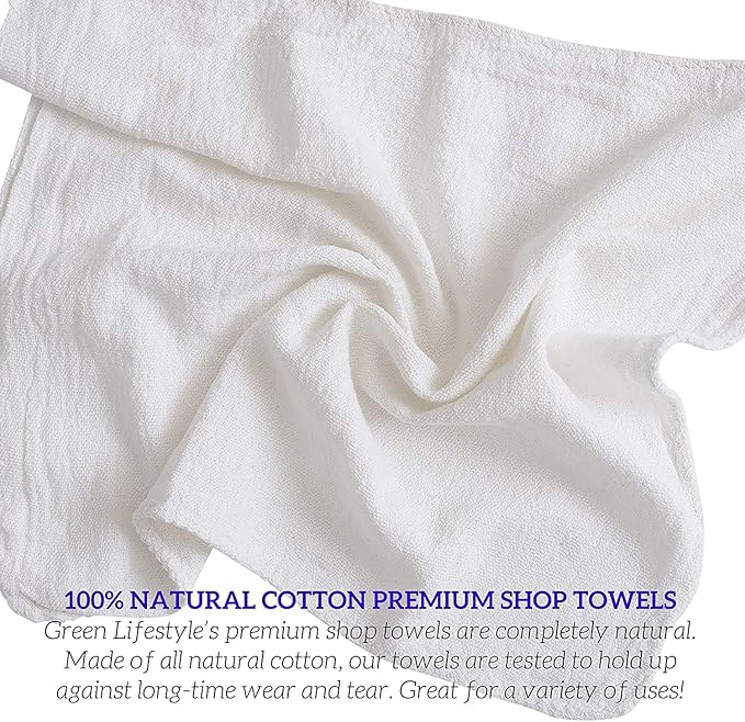 GREEN LIFESTYLE Shop Towels 12" x 14" 50 Pack - White Cotton Shop Towels, Cleaning Rags Bulk, Reusable Shop Rags, Absorbent Terry Cloth Cleaning Towels for Garage, Automotive, Industrial and Home Use