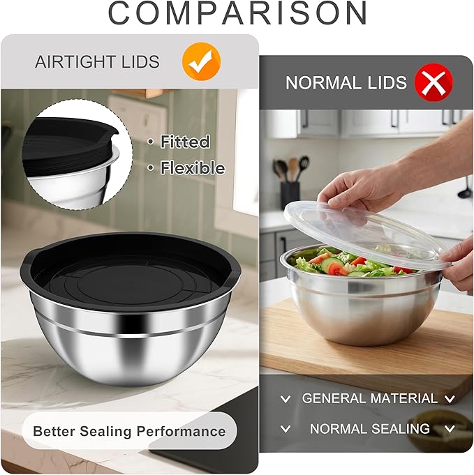 HaWare Mixing Bowls with Airtight Lids, 6-Piece Stainless Steel Salad Bowls, Strong Nesting Bowls for Cooking, Prepping, Baking, Serving & Food Storage, Stackable Design, Size 4.6, 3, 1.5QT, Black