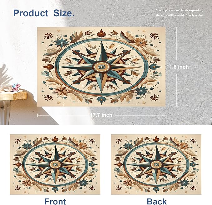 Batmerry Compass Rose Placemats, Floral Themed Design Washable Linen Table Mats for Kitchen Table Double Insulation Decor Dining Set Indoor Outdoor 12X18 in Set of 4