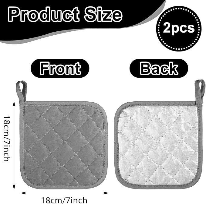 2 Pcs Cotton Pot Holders, 18 cm / 7-Inch Square Potholders for Kitchen, Heat-Resistant Pots Holder, Non Slip Kitchen Pot Holders Cotton Lining Hot Pads for Baking Cooking Oven (Gray)