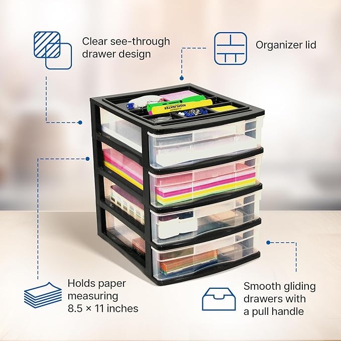 Gracious Living 4 Drawer Desktop & Countertop Organizer w/Organization Lid for Craft Storage, Office Supplies & School Supplies, Black/Clear (2 Pack)